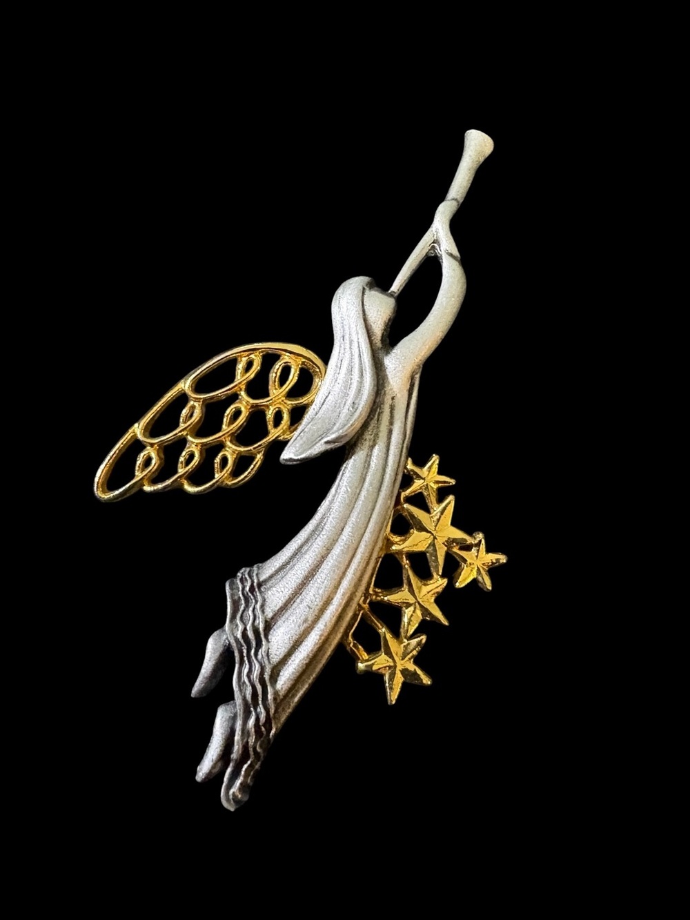 Vintage pewter and gold-tone trumpeting angel brooch